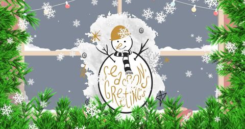 Festive snowman greeting card with christmas decorations