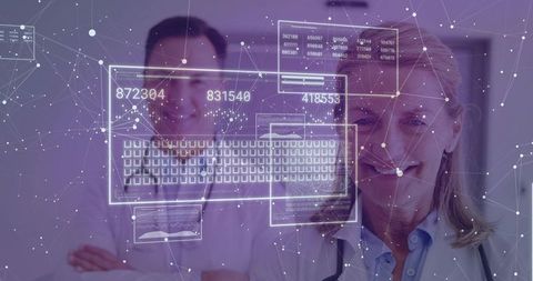 Smiling woman doctor wearing white coat and stethoscope using AR medical data interface