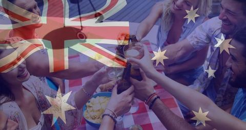 Friends Toasting with Beer Under Australian Flag Overlay
