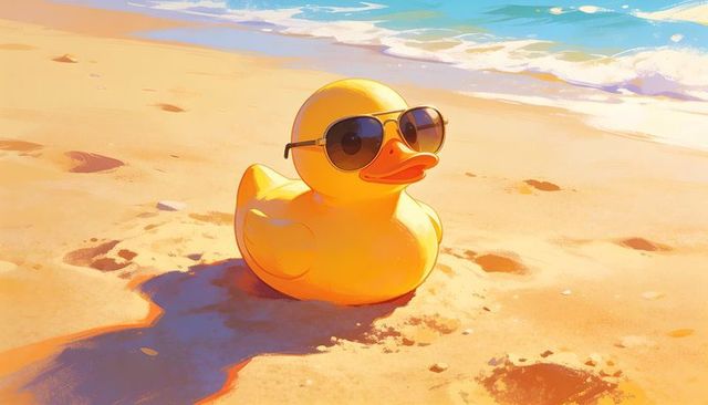 Sitting yellow rubber duck wearing aviator sunglasses on sunny shoreline