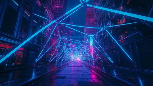 Futuristic neon tunnel with triangular beams and reflections