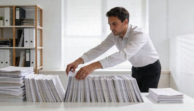 Office clerk arranging neat stacks of documents on desk for filing and records management