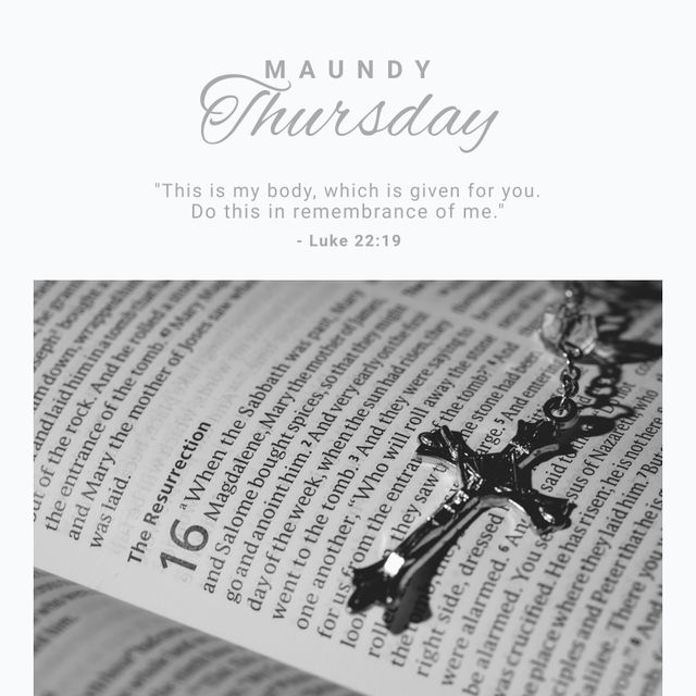 Image shows a Christian religious theme with the emphasis on Maundy Thursday displayed at the top, a rosary placed over an open Bible with Luke 22:19 scripture. Ideal for use in religious contexts, events, spiritual retreats, church bulletins, or online faith discussions.