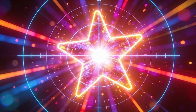 Pulsing neon starburst reticle, five-point star radiating prismatic rays and lensflare