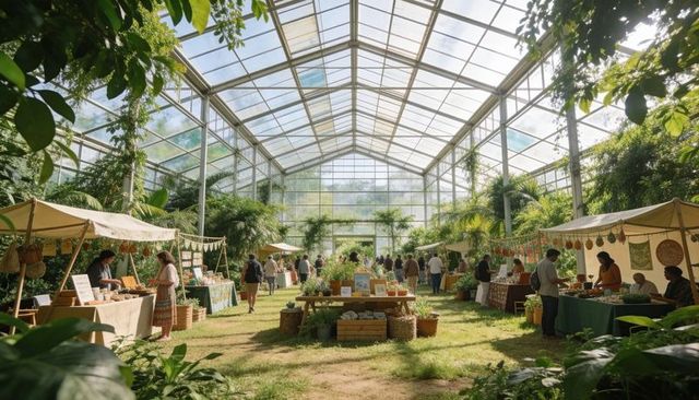 Conservatory market bustling with handmade crafts, potted plants, vendors, and shoppers