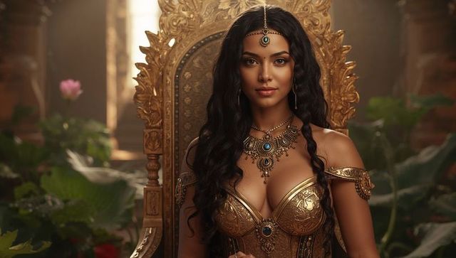 South asian queen in gold armor on gilded throne surrounded by lotus flowers