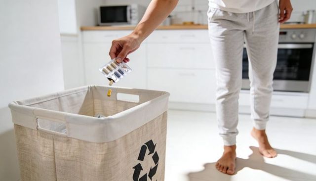 Hand disposing medication blister pack and capsule into recycling bin in modern minimalist kitchen