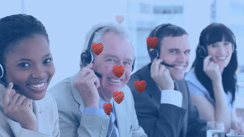 Diverse Customer Support Team with Digital Heart Graphics
