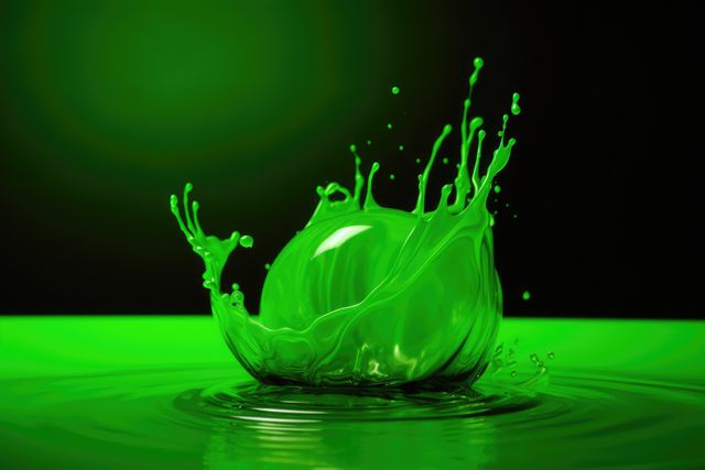Close up of green liquid splashing on black background created using generative ai technology. Liquid and colour concept digitally generated image.