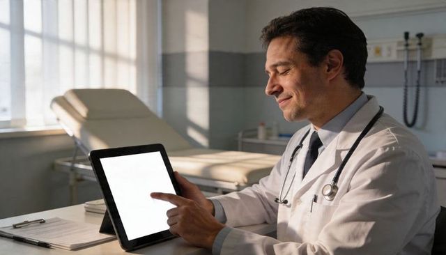 Doctor reviewing tablet in bright clinic using digital records and stethoscope for consultation