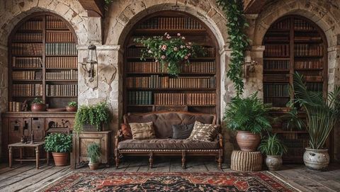 Cozy vintage reading lounge with antique books and rustic decor