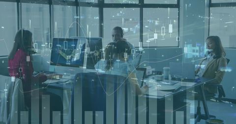 Business team analyzing financial trends with digital interface