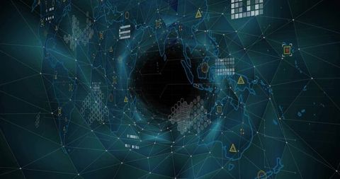Futuristic digital vortex with network visualization and grid lines