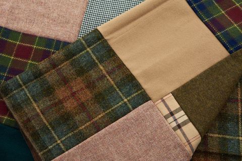 Patchwork wool and tweed textiles featuring plaid, herringbone, and houndstooth patterns
