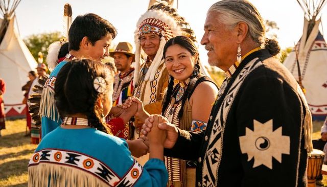 Native american family celebrating powwow: elders and children holding hands in regalia