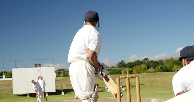 Cricketer in action on sunny day at outdoor field - Download Free Stock Images Pikwizard.com