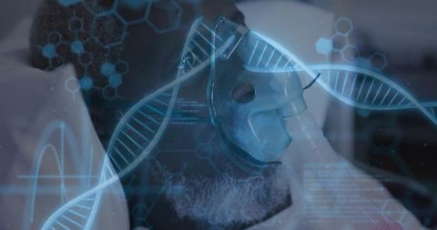 Patient Receiving Oxygen Mask with DNA Holograms Overlay Representing Respiratory Genomics
