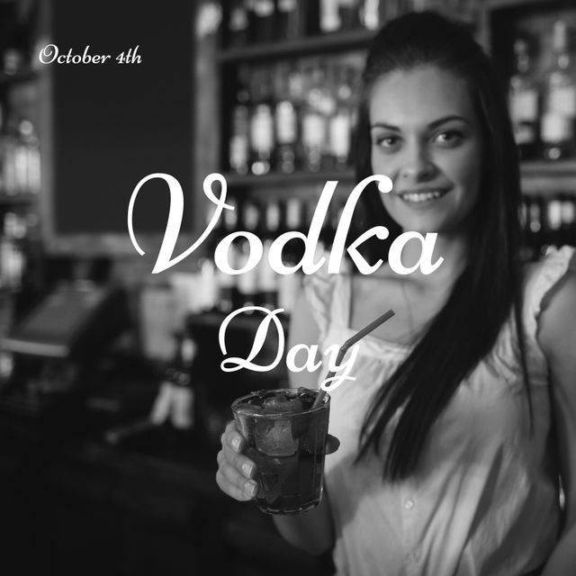 Image of vodka day over caucasian woman with drink in black and white. Alcohol, beverage and party concept.