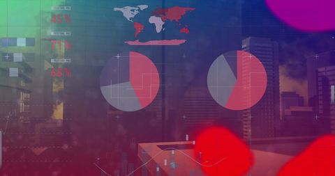 Digital data analysis with abstract overlay over cityscape