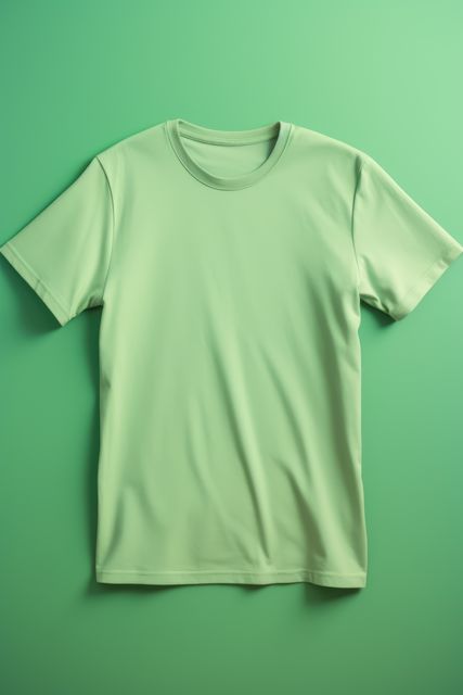 Green tshirt with copy space on green background, created using generative ai technology. Clothing, texture, material, digitally generated image.