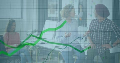 Business growth discussion with financial data analysis overlay