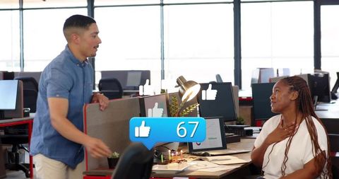 Office birthday surprise with social media likes alert showing coworker appreciation