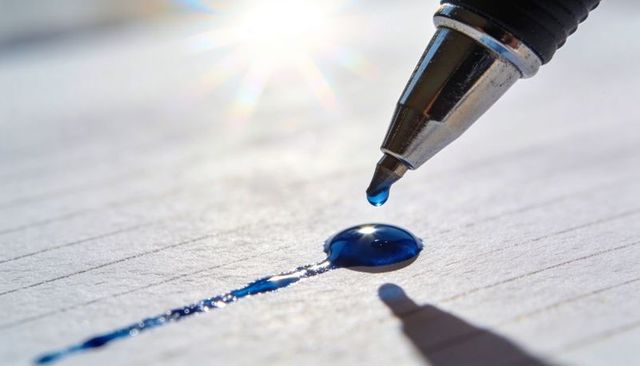 Ballpoint pen dripping vivid blue ink onto lined paper, macro backlit closeup with flare