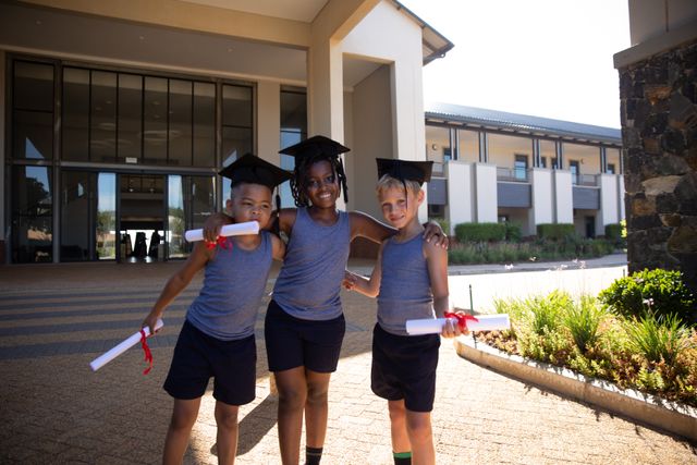 Three young boys of different ethnicities are standing together outside a school building, wearing mortarboards and holding diplomas. They are smiling and have their arms around each other, celebrating their graduation. This image can be used for educational materials, school promotions, diversity and inclusion campaigns, and articles about childhood achievements.