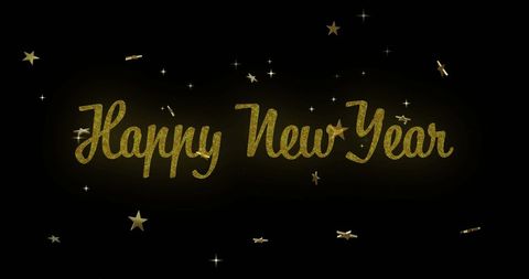 Happy New Year Text with Golden Stars on Black Background