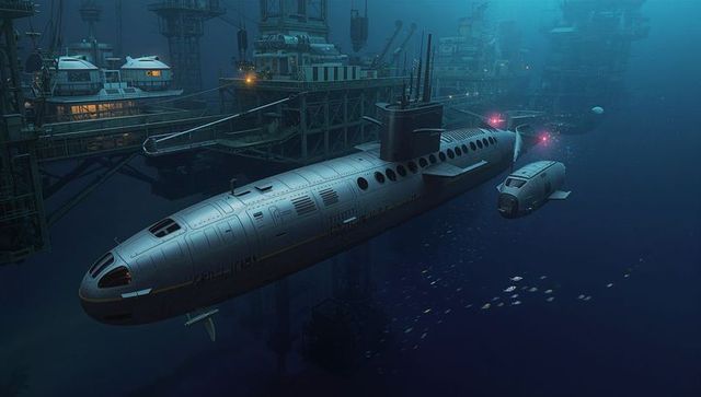 Deep-sea submarine docking at offshore platform with support submersible