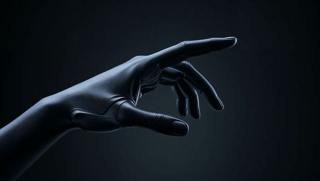 Futuristic Black Textured Glove on Right Hand Showing Seam Lines and Rim Light