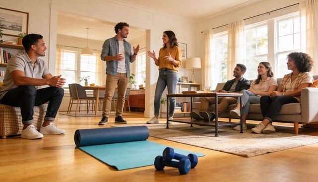 Couple presenting casual wellness workshop in living room with yoga mat and dumbbells