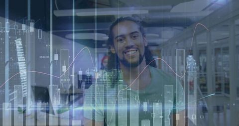 Smiling Entrepreneur Immersed in Digital Financial Data Overlay - Download Free Stock Images Pikwizard.com
