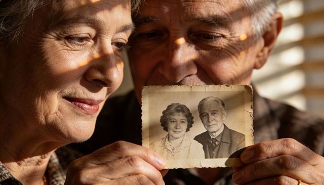 Senior couple holding vintage sepia portrait, remembering lifelong love, cherished memories