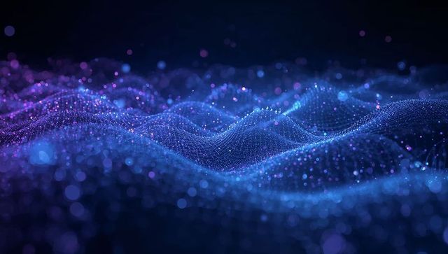 Neon Particle Waveform Flowing Across Digital Mesh Landscape in Blue and Purple Glow