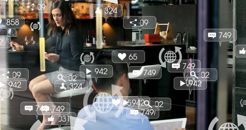 Woman Engaged on Smartphone with Social Media Overlay