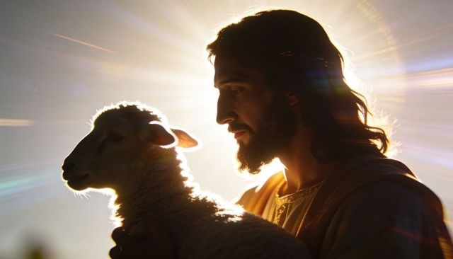 Bearded shepherd holding lamb under golden halo backlight, spiritual easter concept