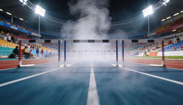 Hurdle framing blue track while smoke rising under stadium lights at night, crowd cheering