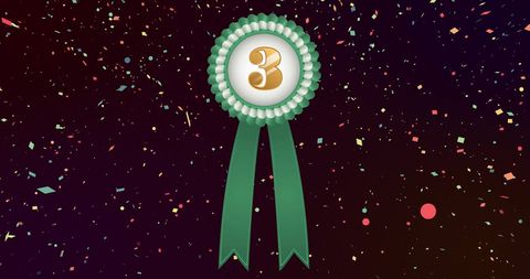 Third place rosette with confetti celebration background