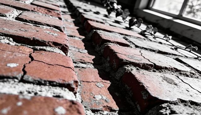 Diagonal low-angle aged red brick wall with cracked mortar, weathered texture and window chain