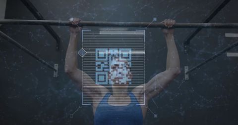 Female Athlete Performing Pull-Up with Futuristic QR Code Holographic Interface