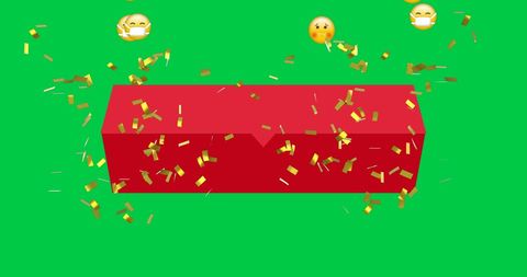 Festive Red Gift Box with Confetti and Emojis on Green