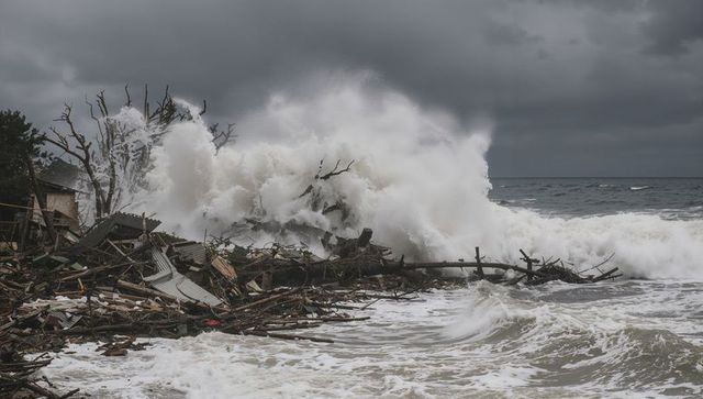 Powerful storm waves crashing debris on coastline