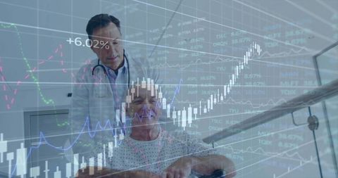 Doctor Assisting Elderly Patient Overlaid with Stock Market Charts