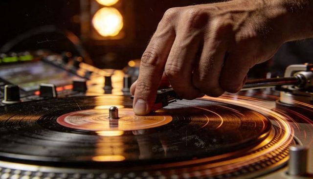 Dj scratching vinyl turntable close-up hand manipulating tonearm with mixer lights