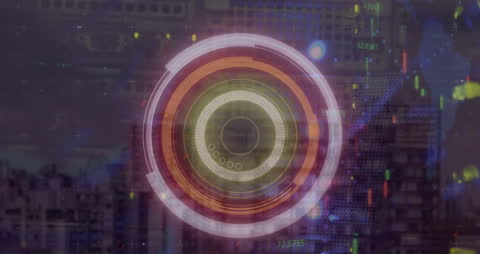 Futuristic Data Processing Overlay with Cityscape Background