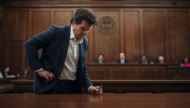 Tense attorney leaning over counsel table placing pen during courtroom trial jury hearing