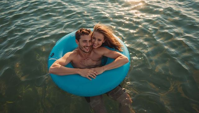 Young couple floating on bright blue inflatable ring in sunlit open water, embracing and smiling