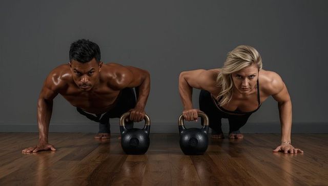 Athletic duo performing kettlebell pushups in gym