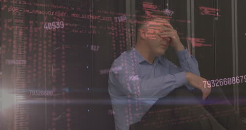 Stressed IT Professional in Server Room with Cyber Data Overlay